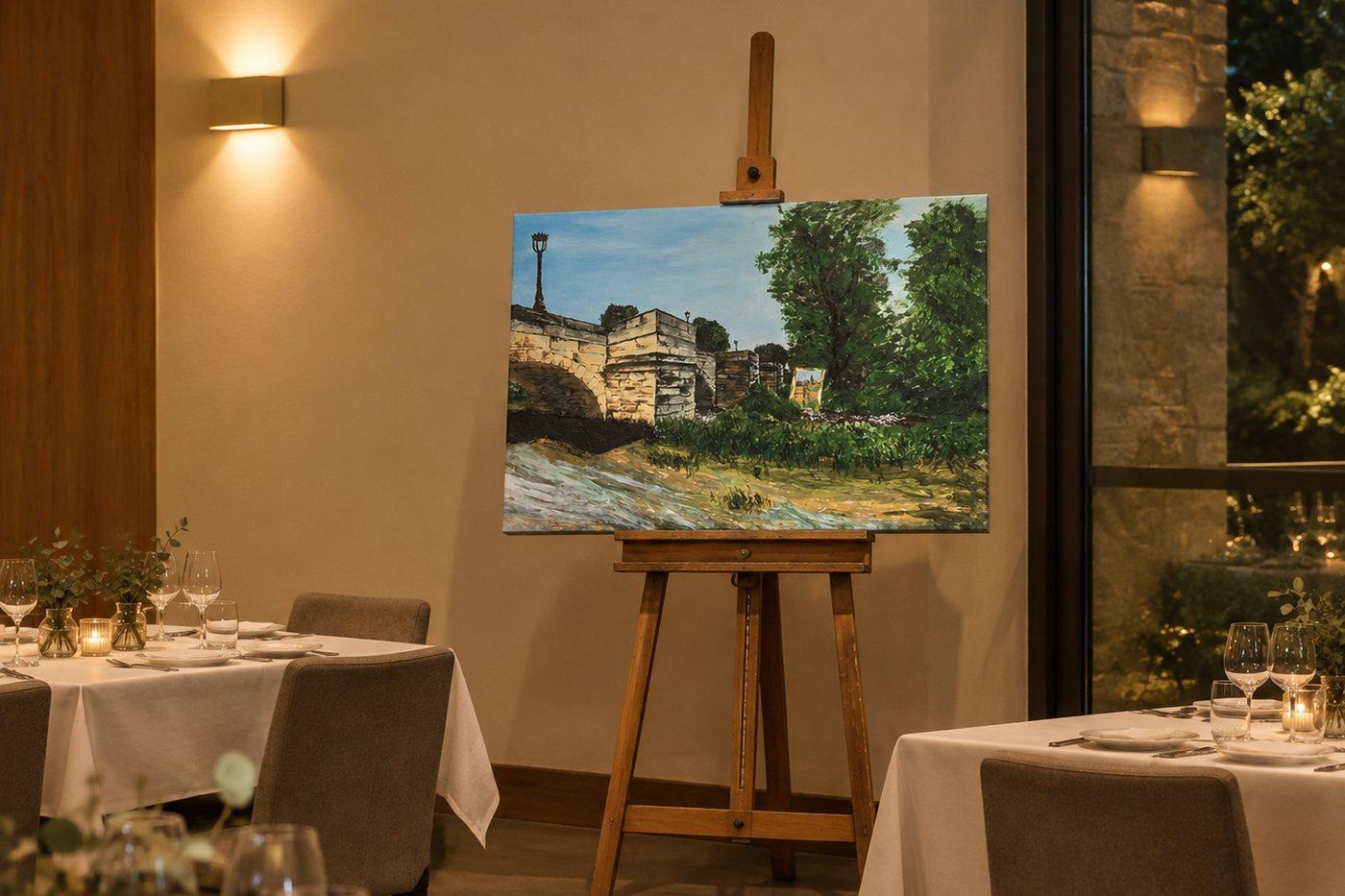 A finished painting displayed on an easel at an elegant restaurant dinner