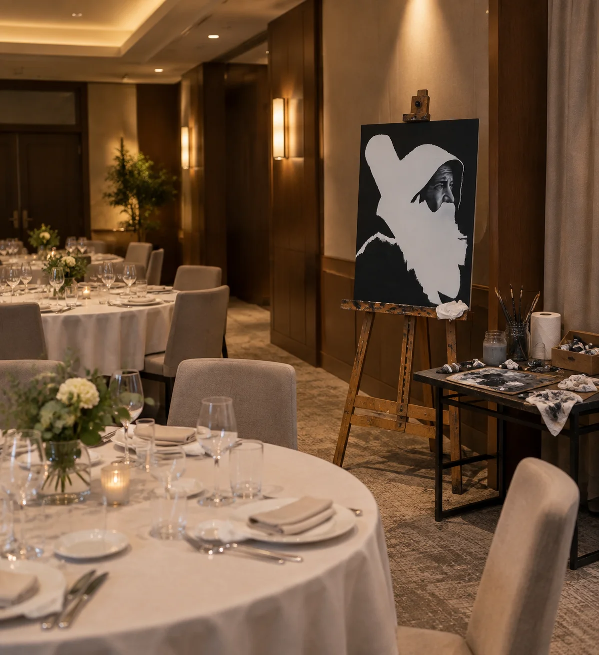 Caronte, a portrait in progress on an easel, painted live during a formal dinner