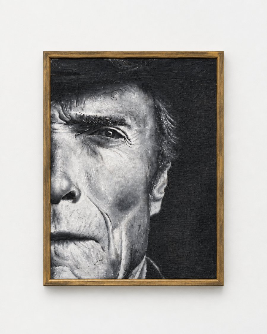 A detailed black and white portrait painting