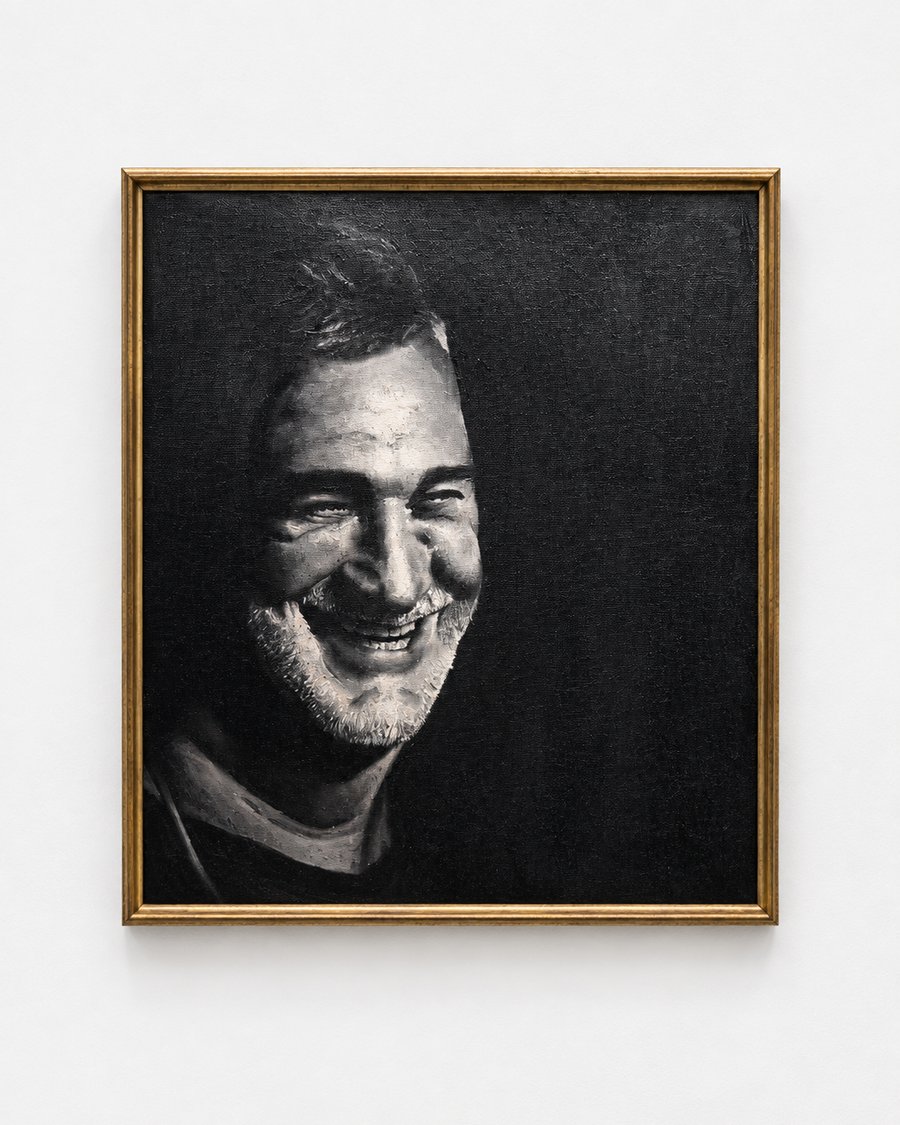 A finished black and white portrait painting, framed, studio shot