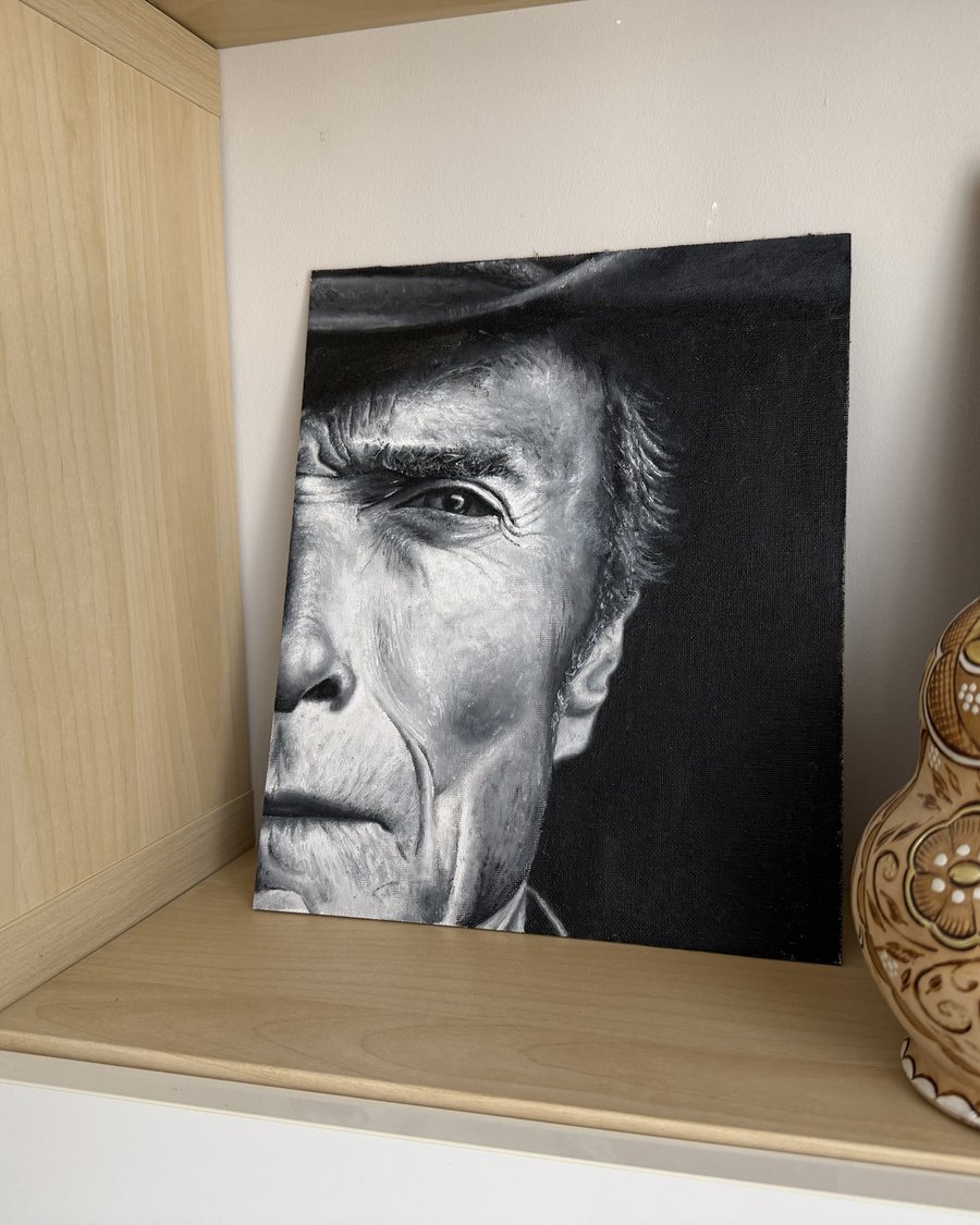 A detailed black and white portrait painting