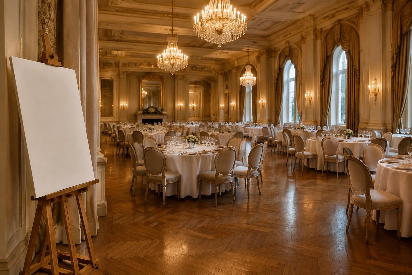 An elegant ballroom set up for a wedding reception